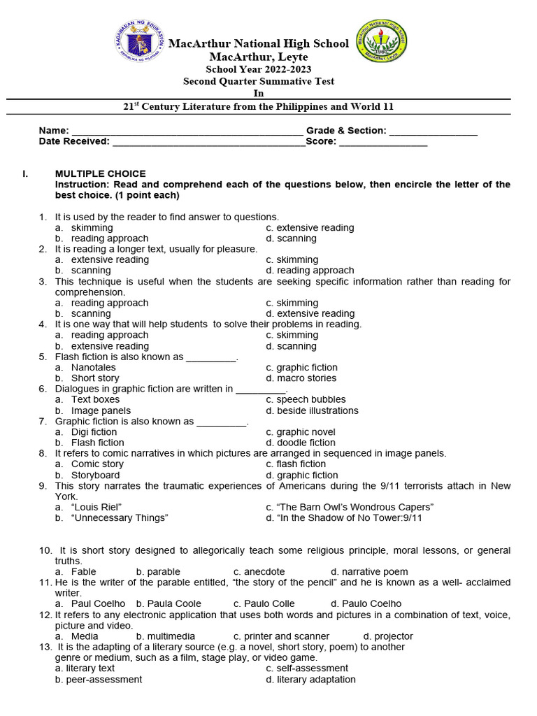 2nd Periodical Test Pdf Multimedia Reading Comprehension