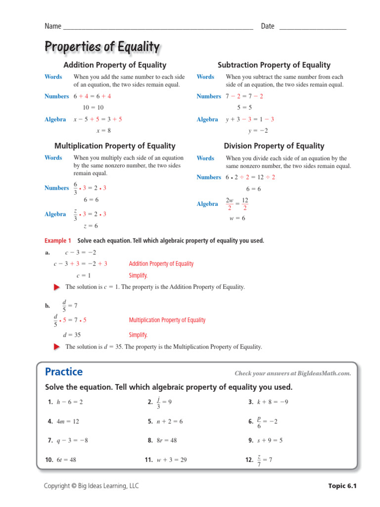 Properties of Equality Worksheet PDF PDF Multiplication Equations