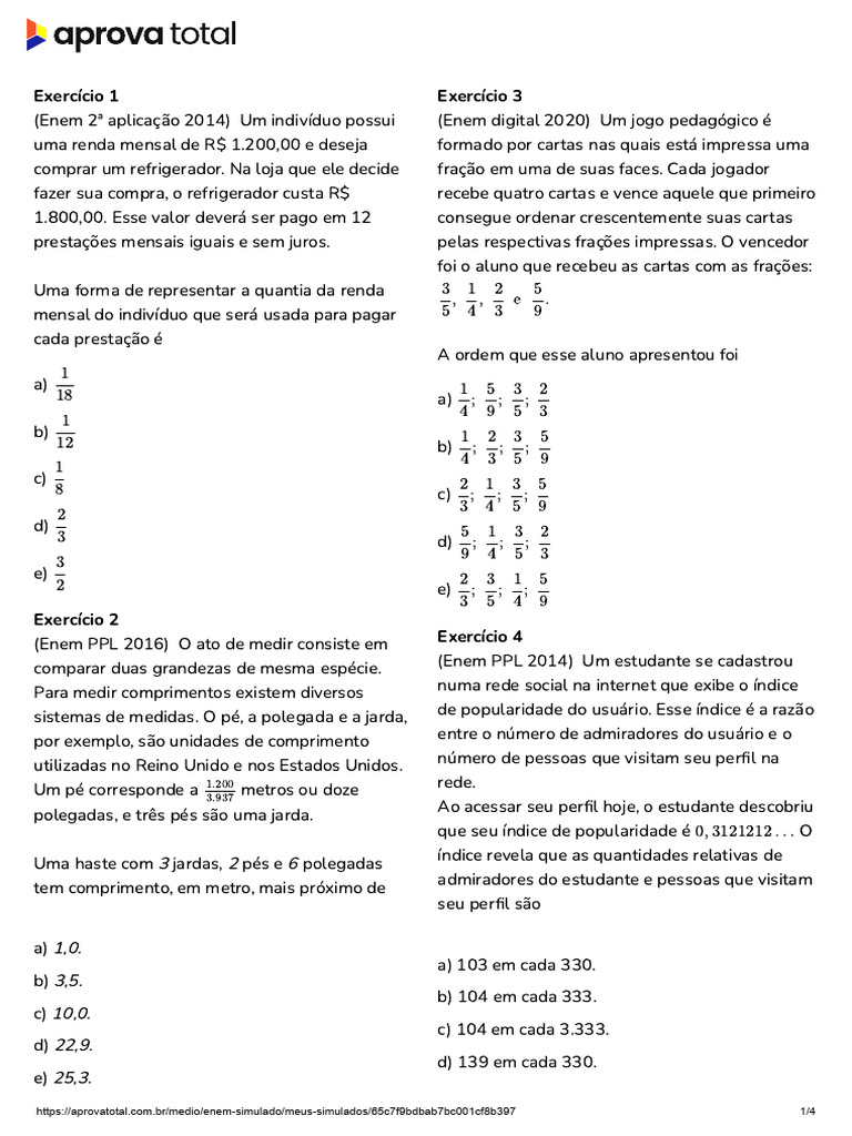 Questões de Frações no ENEM | PDF | Índice de massa corporal | Pé ...