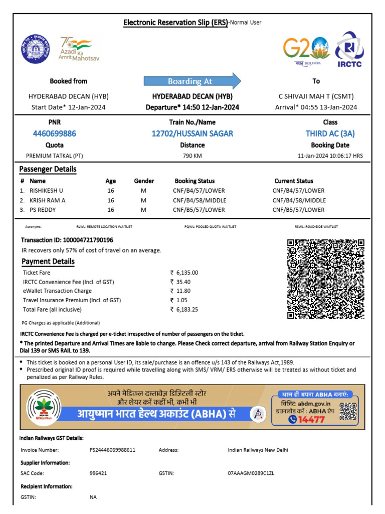 12702/hussain Sagar Third Ac (3A) | PDF | Identity Document | Payments