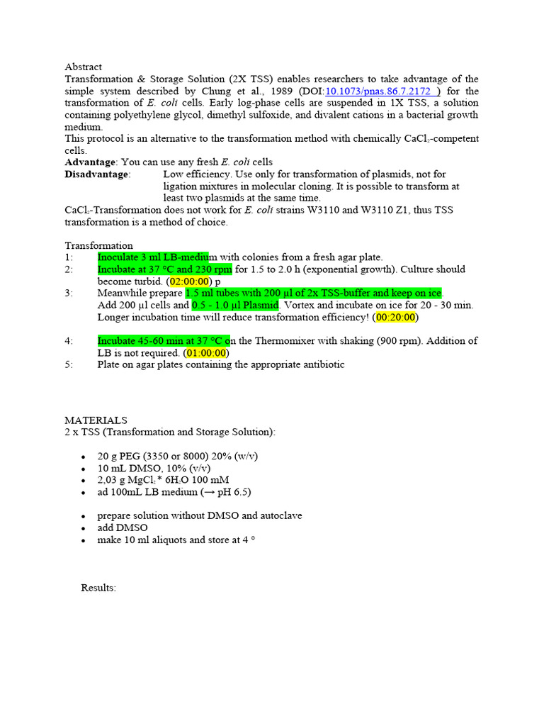 TSS Transformation Protocol for E. coli | PDF | Science & Mathematics