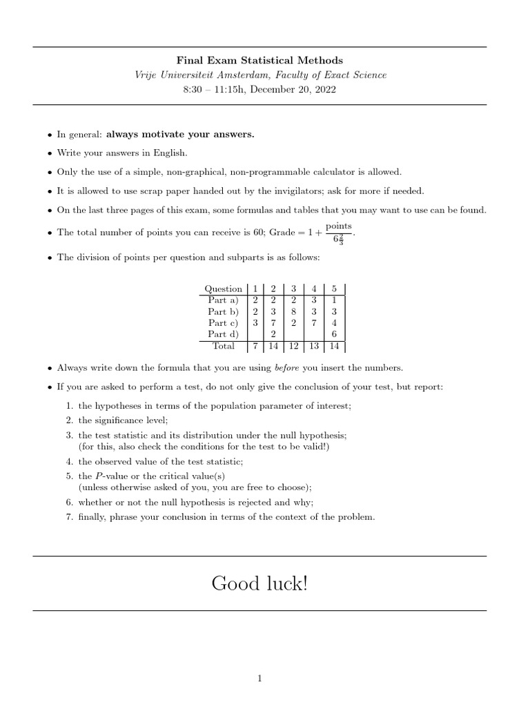 Final 221220 Statmeth Exam | PDF | Regression Analysis | Errors And ...