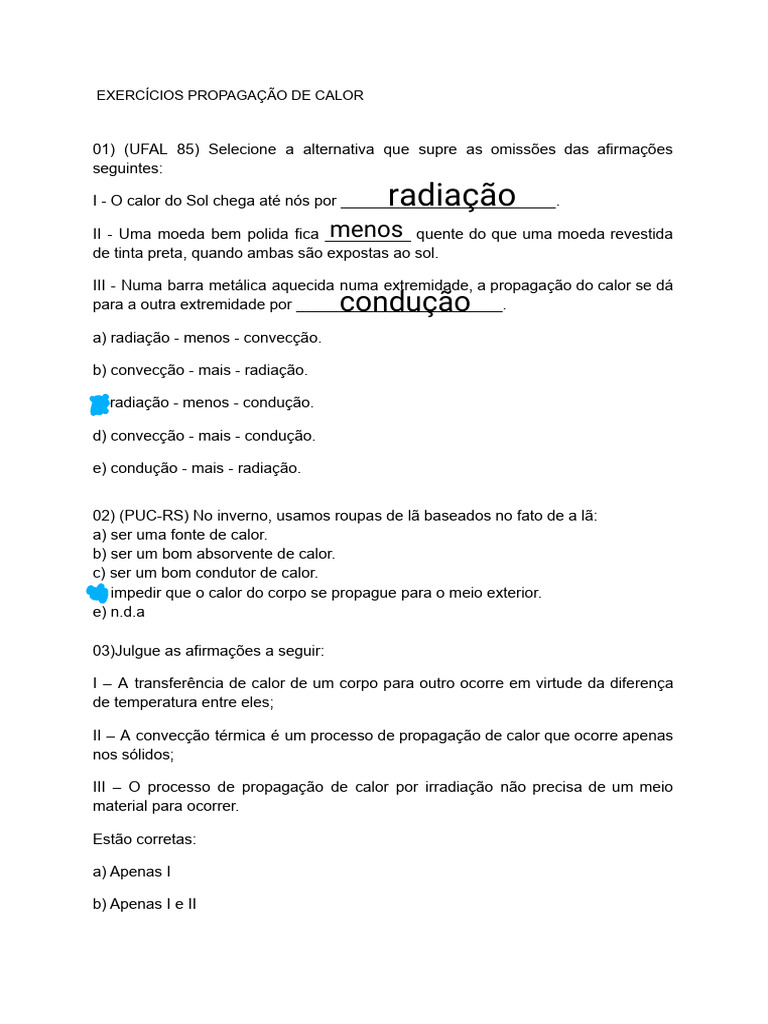Exercícios sobre Propagação de Calor | PDF | Ciências e Matemática ...