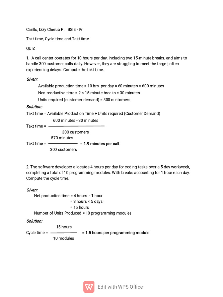Takt time cycle time and lead time quiz pdf
