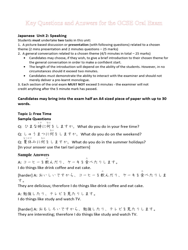 Gcse Japanese Speaking Exam Revision Booklet PDF