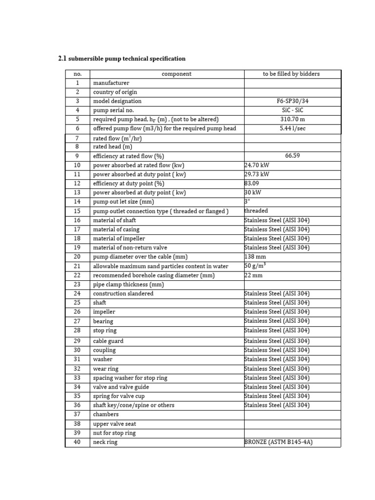 Submersible Pump Technical Specs PDF | PDF | Pump | Electric Motor