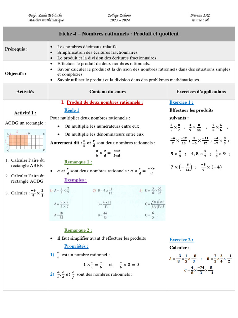 Nombres Rationnels Produit Et Quotient | PDF | Division | Nombre rationnel