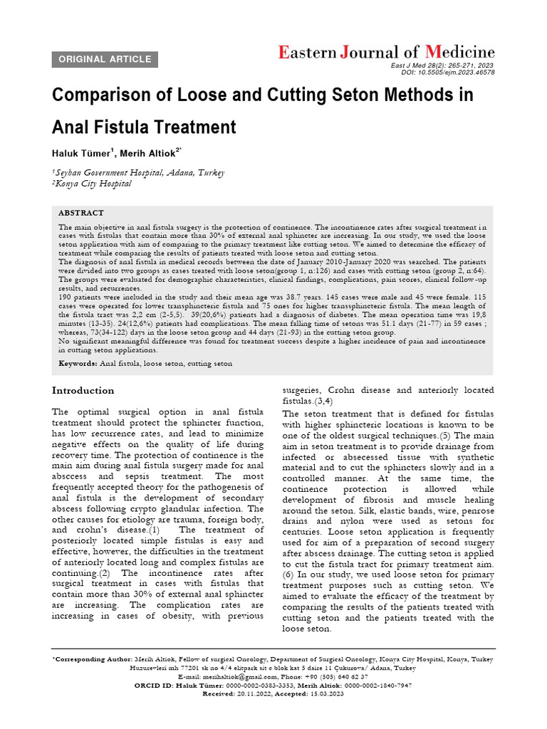 Loose vs Cutting Seton in Fistula Care | PDF | Surgery | Urinary ...