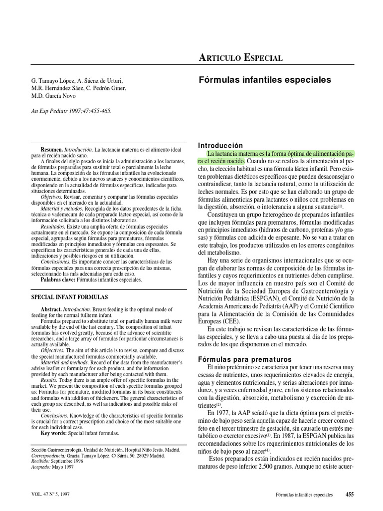 Fórmulas Infantiles Especiales | PDF | Nutrientes | Amamantamiento
