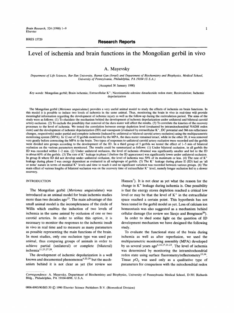 1990 level of ischemia and brain functions in the mongolian gerbil in
