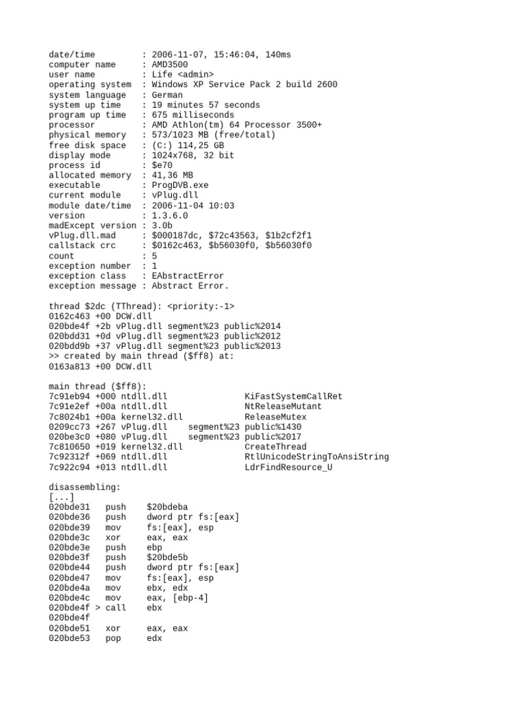 V Plug Bug Report | PDF | Windows Xp | Thread (Computing)