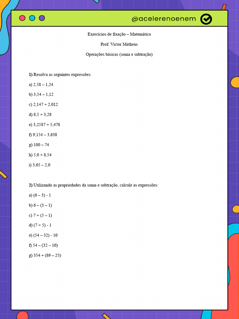 Exercícios de Operações Básicas de Matemática | PDF | Gastronomia ...