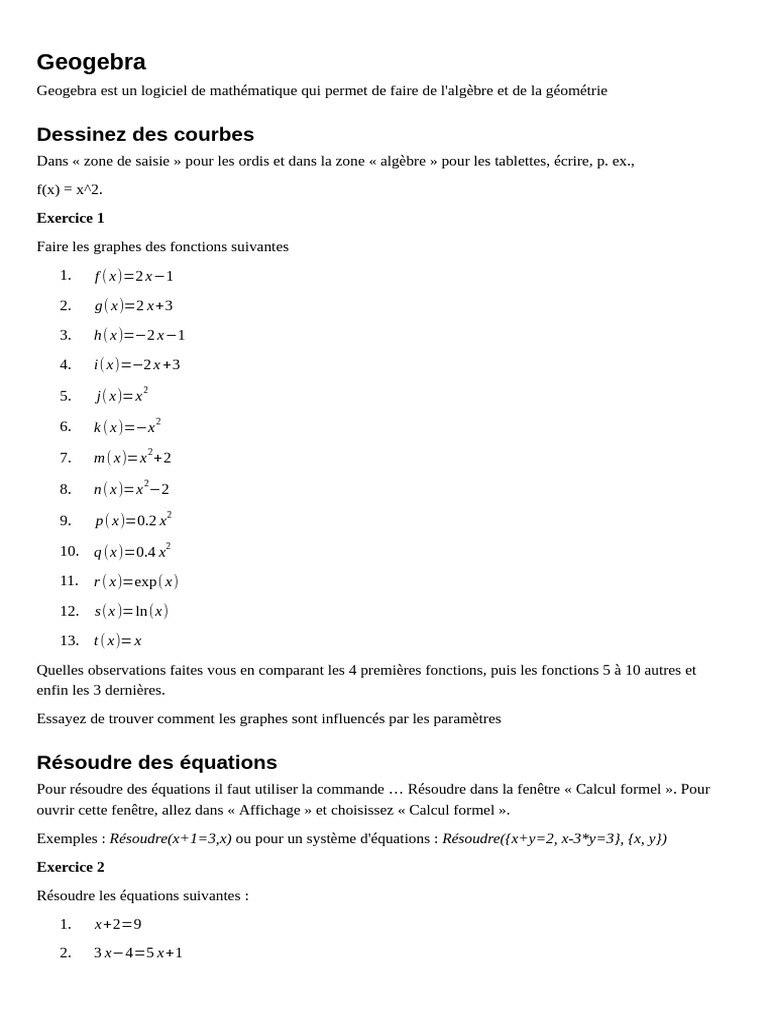 Exercices pratiques sur Geogebra | PDF | Méthodes et références ...