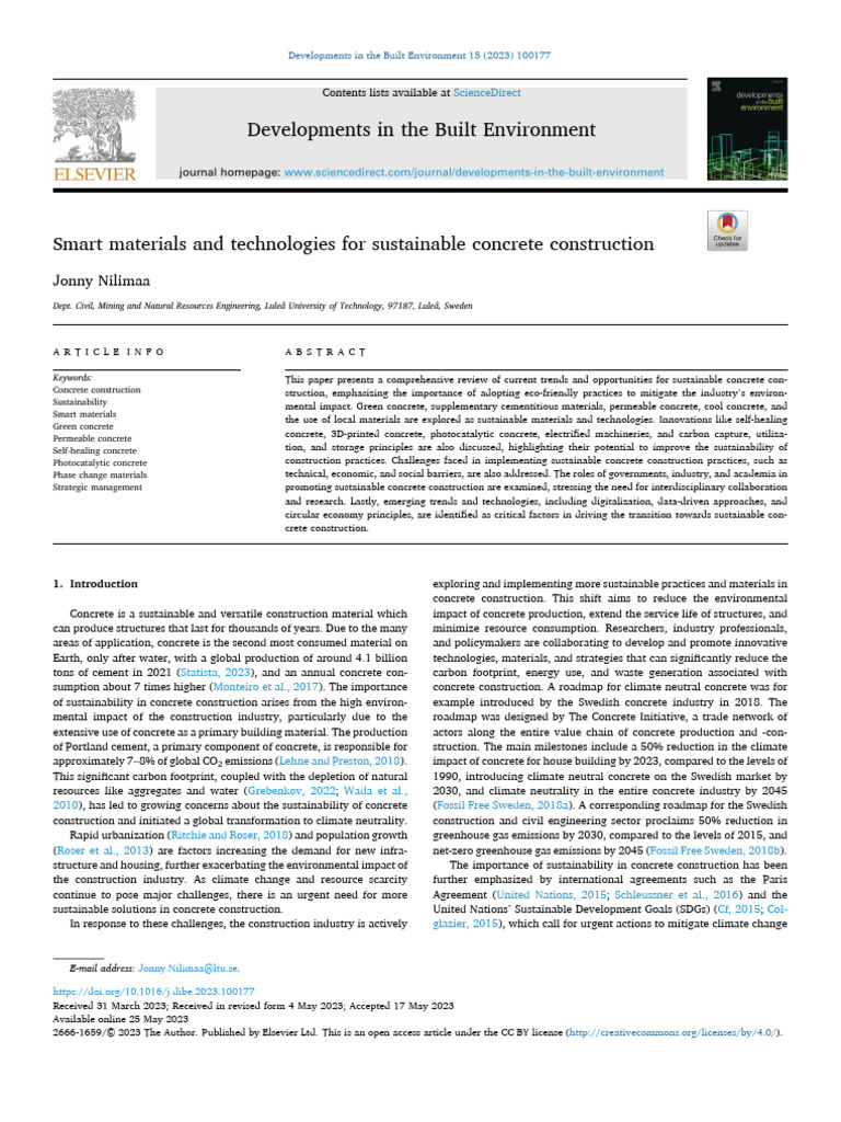 Smart Materials for Sustainable Concrete | PDF | Concrete | Cement