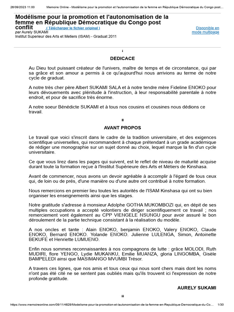 Modélisme et autonomisation des femmes RDC | PDF | République ...