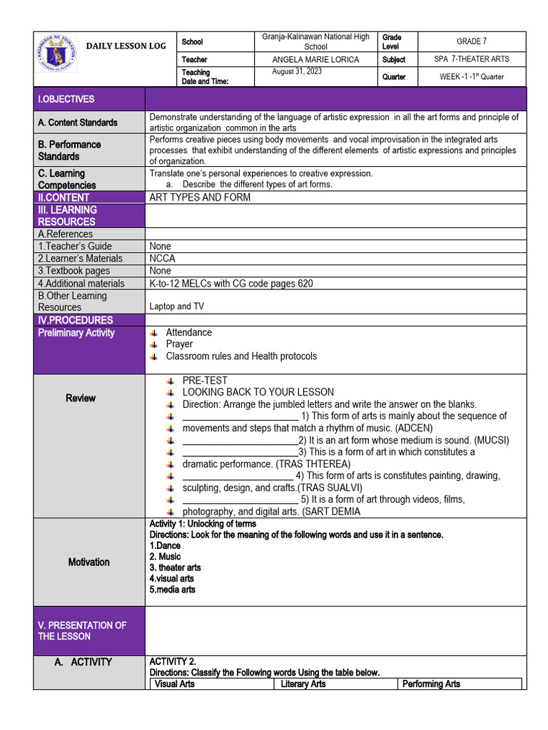 SPA 7 Theater Arts Lesson Plan | PDF | The Arts | Learning