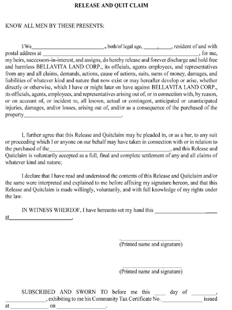 Release and Quitclaim Form | PDF