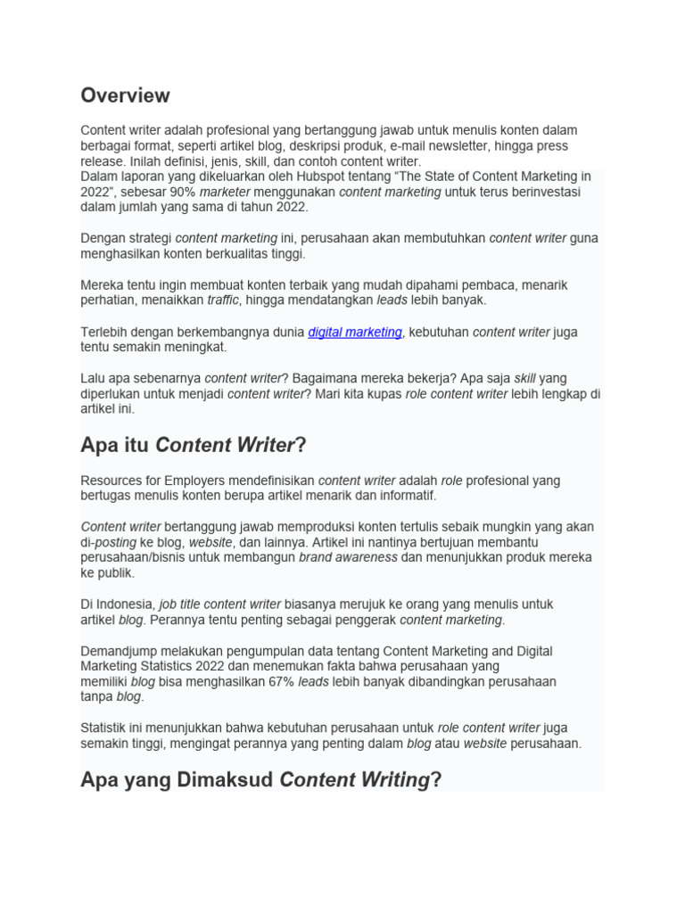 Peran dan Contoh Content Writer | PDF | Karier & Perkembangan | Bisnis