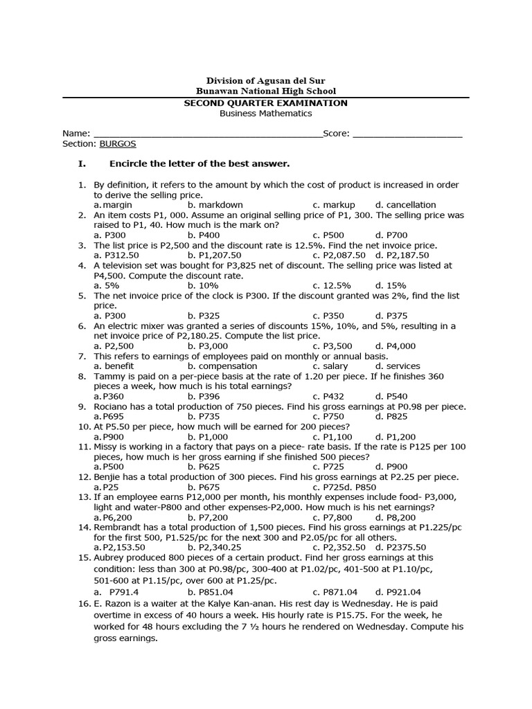 2nd Quarter Business Math | PDF | Overtime | Salary