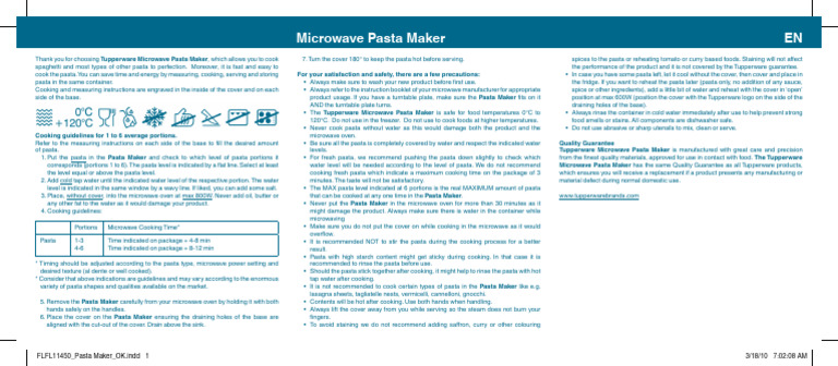 Tupperware Microwave Pasta Maker Guide | PDF | Pasta | Cooking