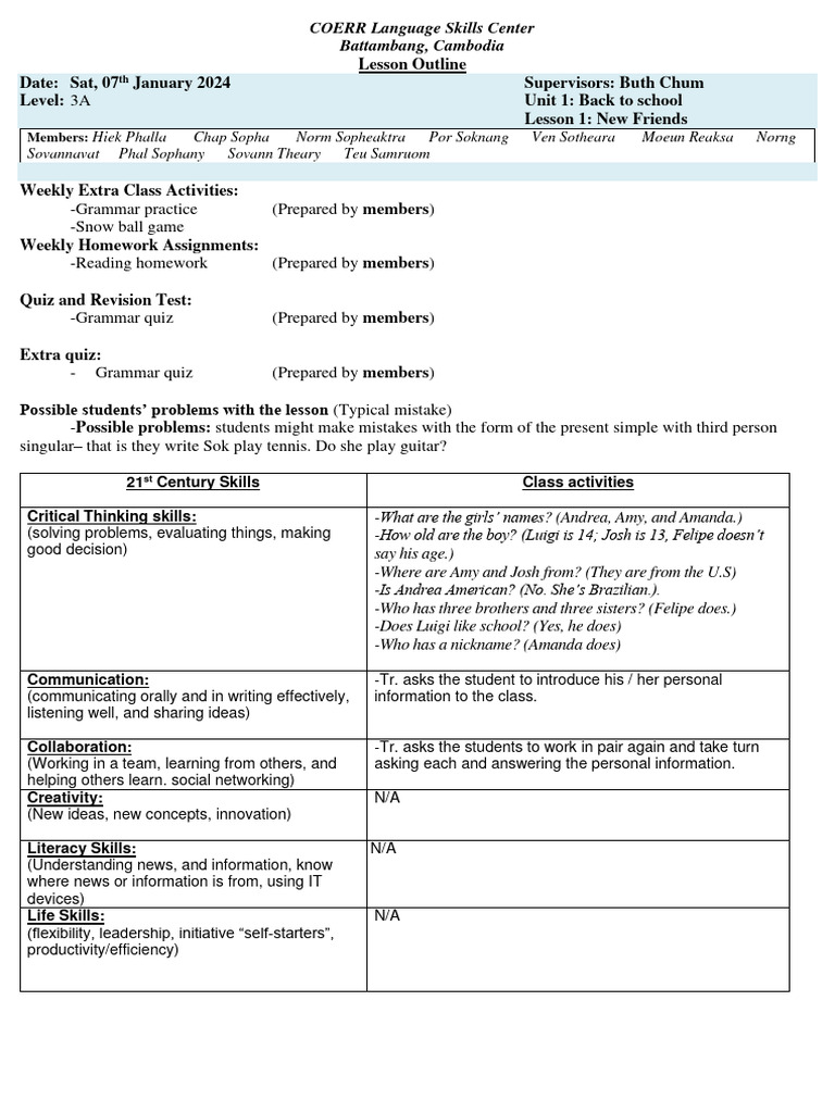 Lesson Outline Level 3A Lesson 1 | PDF