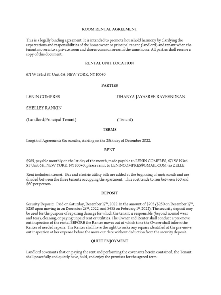 Room Rental Agreement - Dhanya Jayasree Raveendran - Signed | Download ...