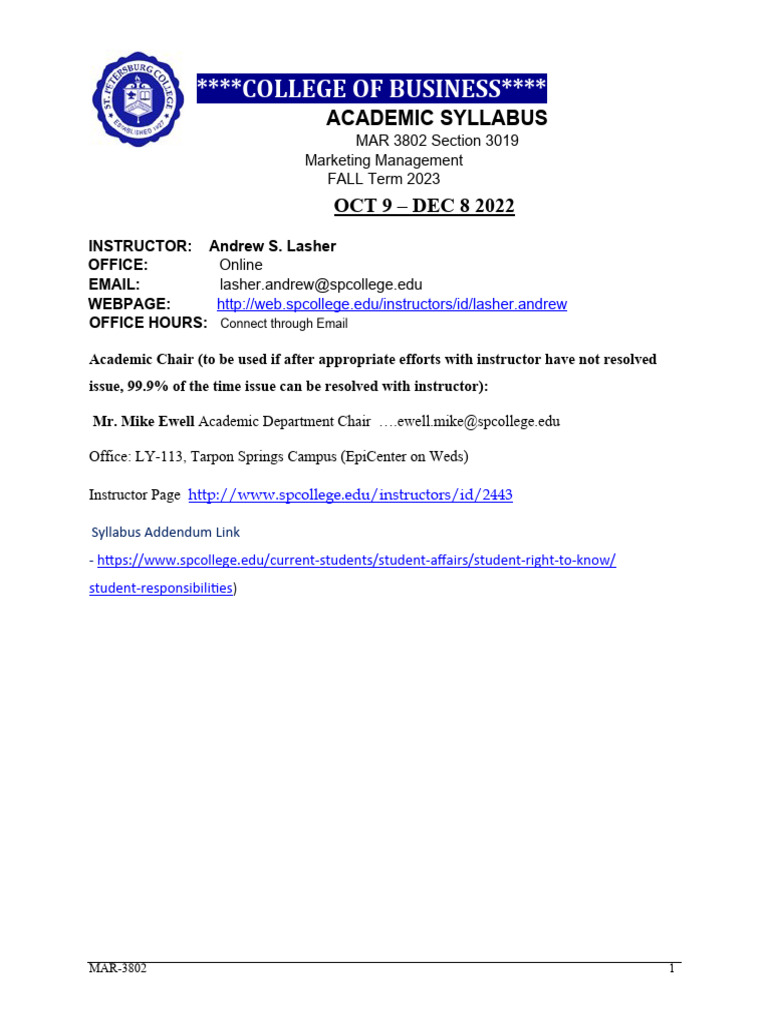 Marketing Management Syllabus Fall 2023 | PDF | Marketing | Brand