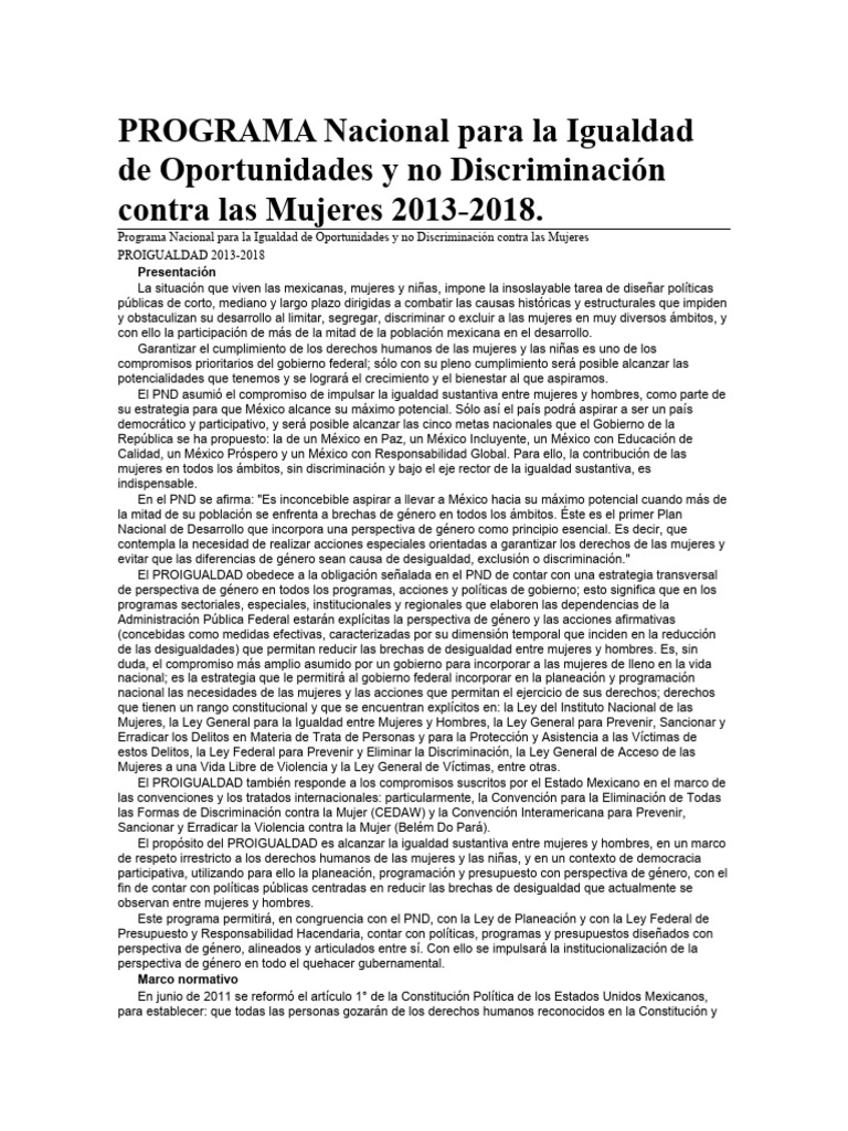 PROGRAMA Nacional para La Igualdad de Oportunidades y No Discriminación ...