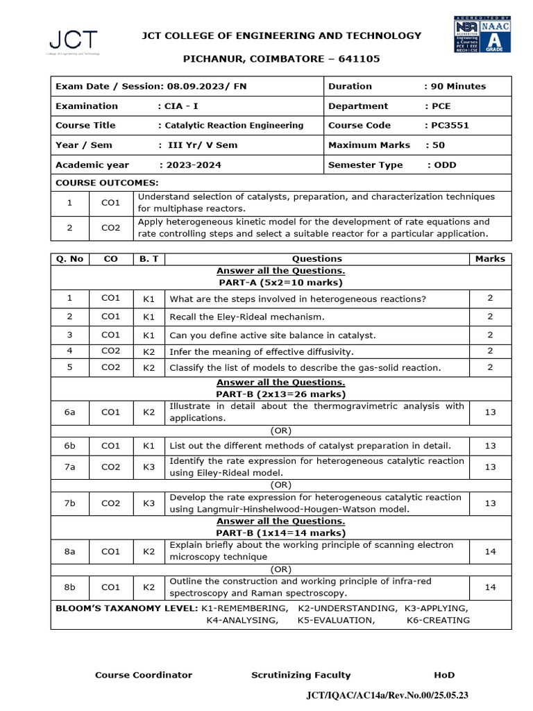 CIA Exam: Catalytic Reaction Engineering | PDF | Catalysis | Chemical ...