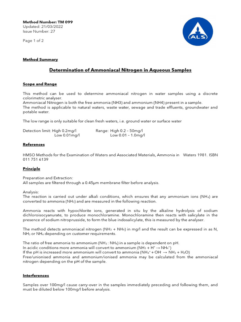 Ammoniacal Nitrogen in Waters Method Summary - 28 | PDF | Ammonia ...