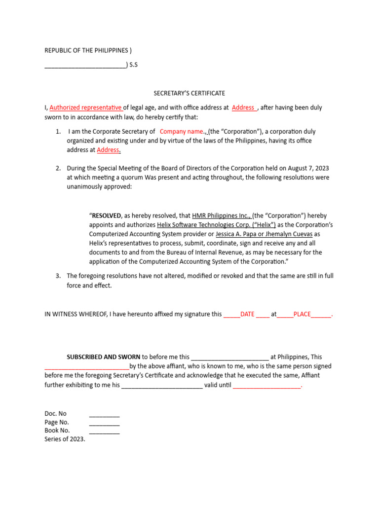 Secretary's Certificate for HMR Philippines | PDF