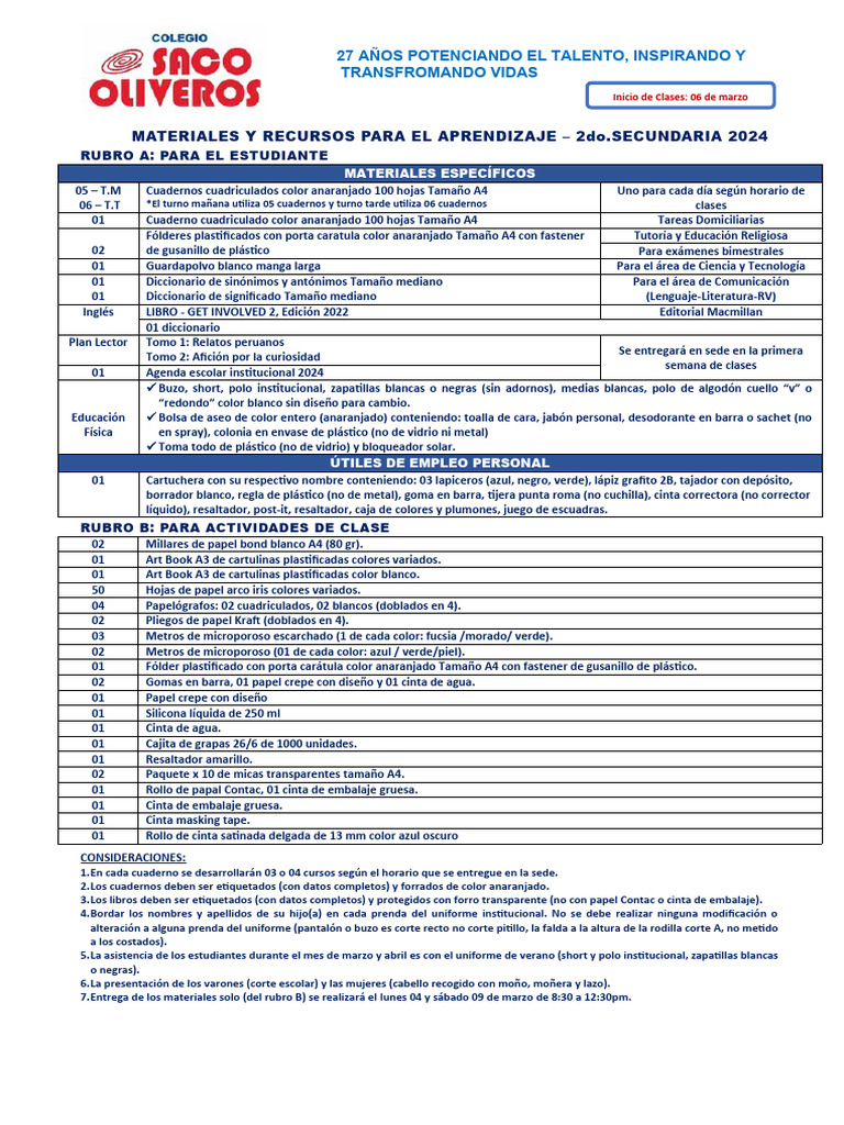 Lista de Útiles 2do Secundaria 2024 | PDF | Sector secundario de la ...