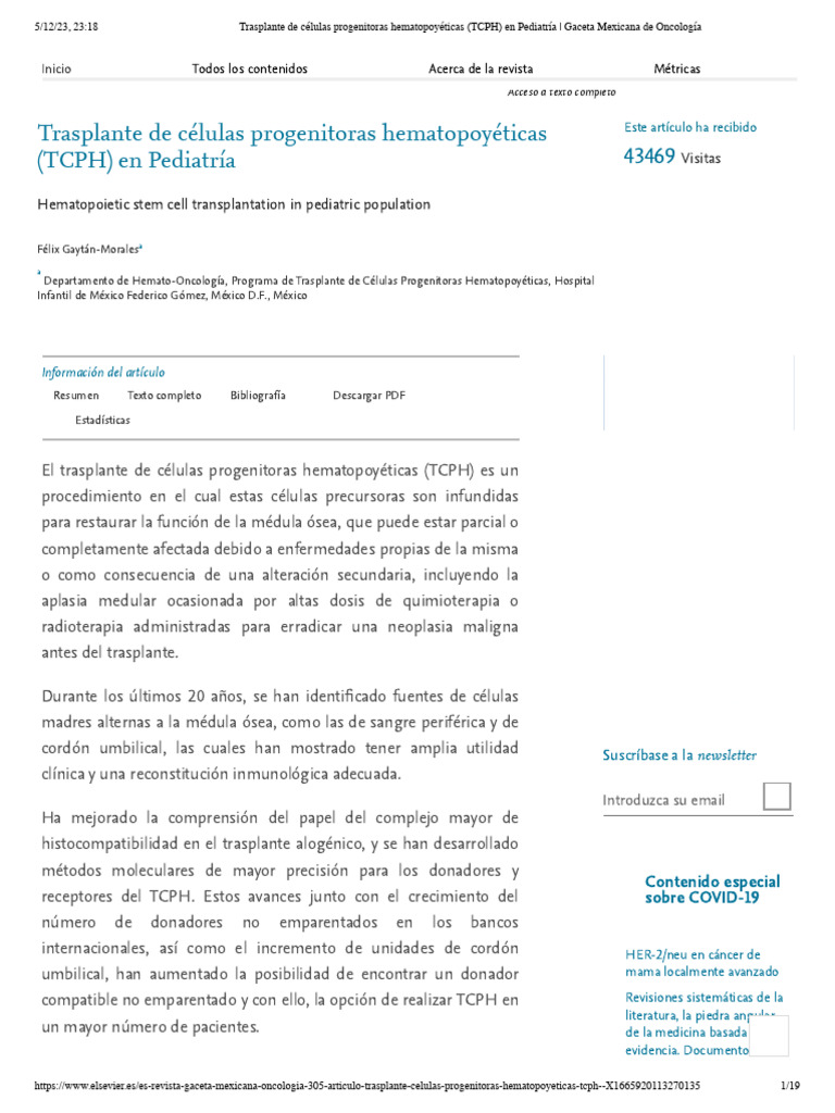 Trasplante de Células Progenitoras Hematopoyéticas (TCPH) en Pediatría ...