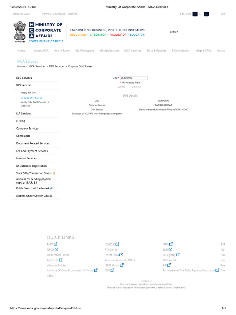 MCA DIN Status and Services Guide | PDF | Service Industries | Business