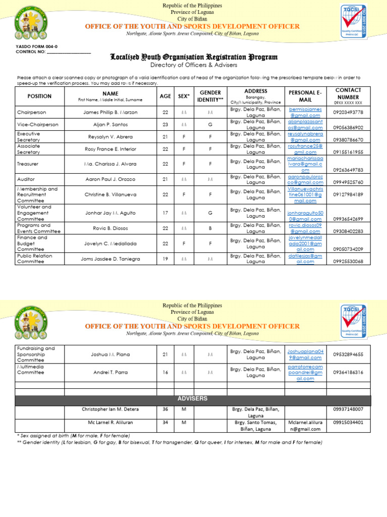 YASDO Biñan Officers Directory | PDF | Government And Personhood | Sex