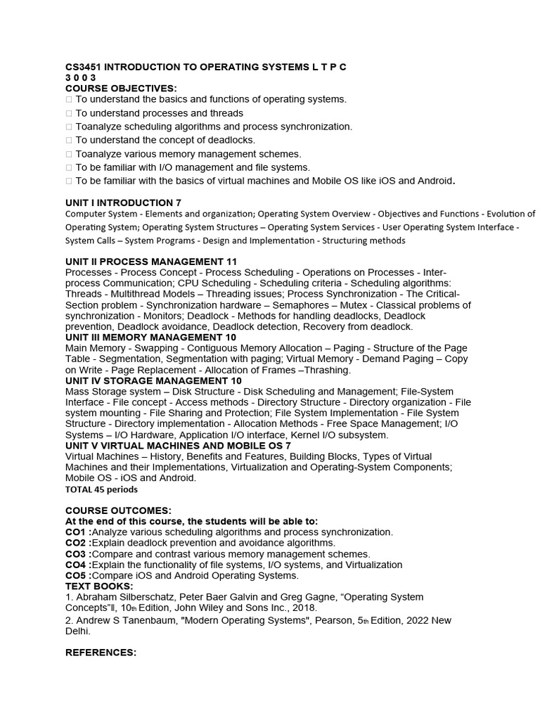 CS3451 Operating Systems Syllabus | PDF | Process (Computing ...