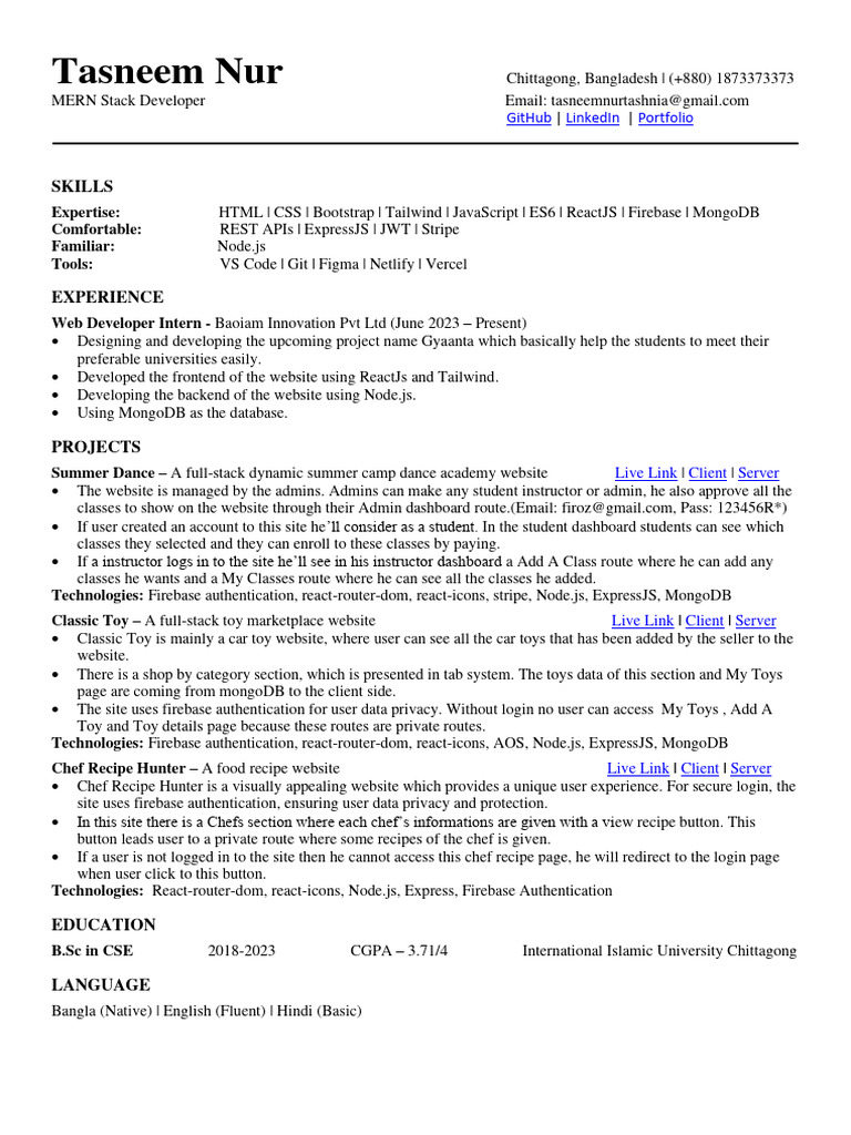 Mern stack developer resume of tasneem nur pdf download free pdf