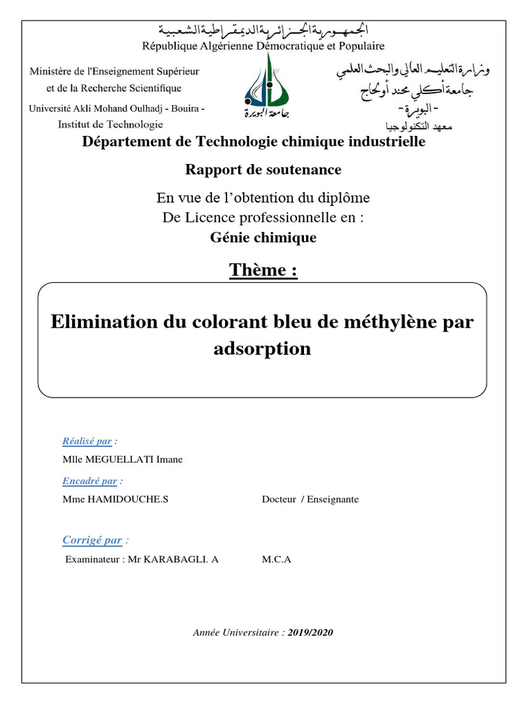 Élimination du bleu de méthylène par adsorption PDF Adsorption Chimie — free download