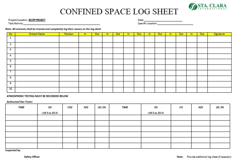 Confined Space Entry Log Sheet | PDF