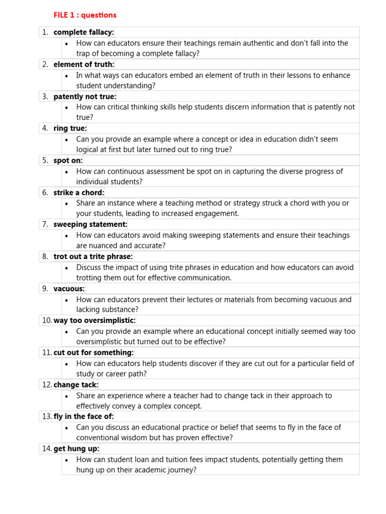 Speak Out C1 C2 FILE 1 - Questions With Vocabulary | PDF | Learning | Teachers