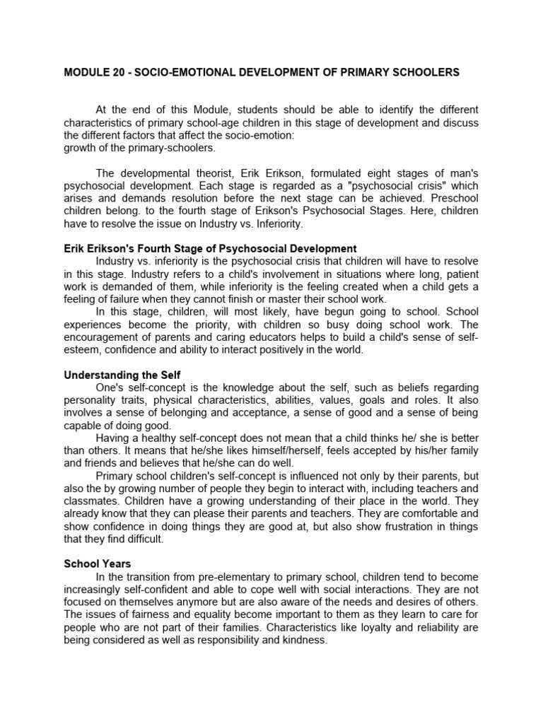 Socio-Emotional Growth in Primary Schoolers | PDF | Self Concept ...