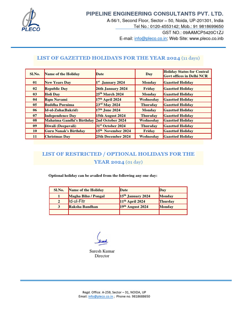 Pleco's Holiday List2024 PDF Indian Religions Public Holiday