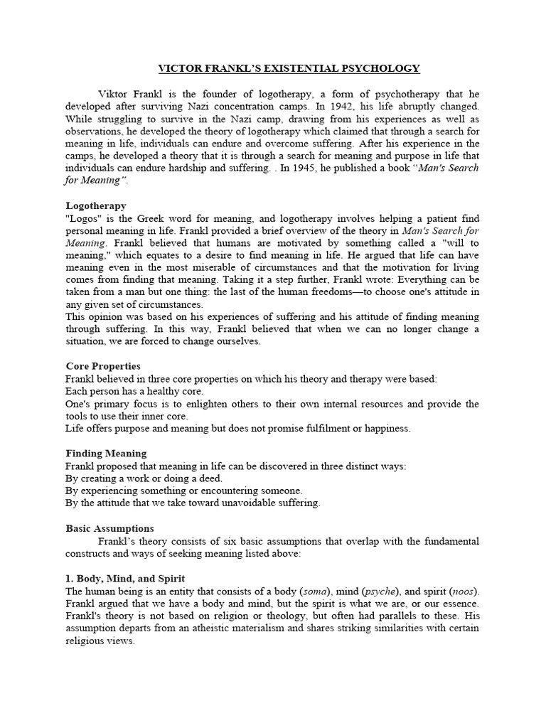 Frankl's Logotherapy: Finding Meaning | PDF | Psychology | Applied ...