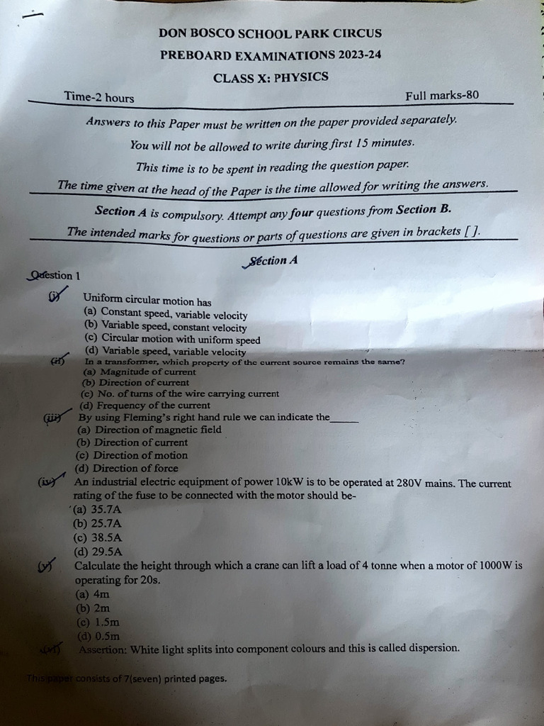 Don Bosco Park Circus Class 10 Physics Preboards Paper Icse 2024 PDF