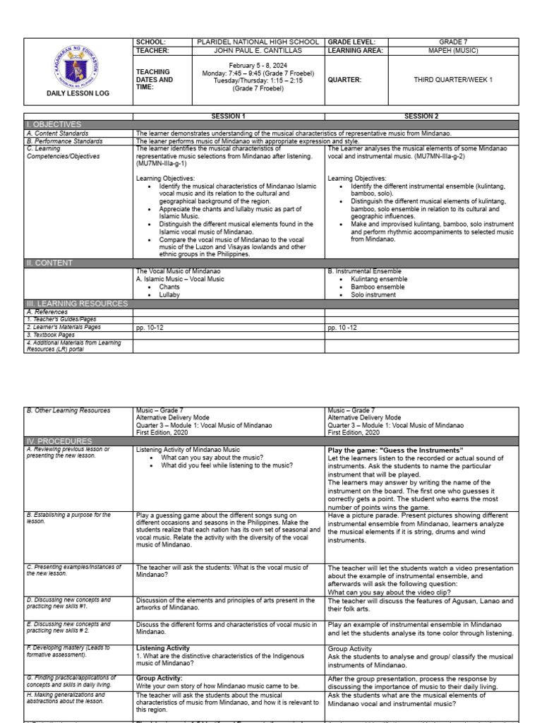 Mindanao Music Lesson Plan for Grade 7 | PDF | Learning | Cognitive Science