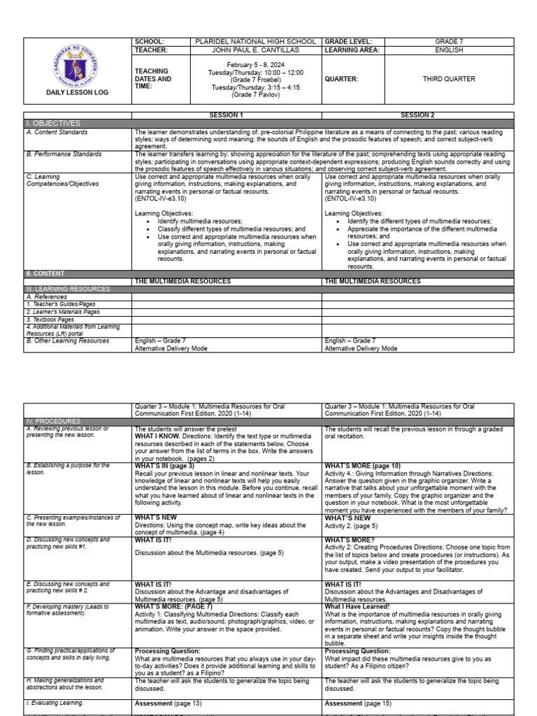 English 7 q3 Week1 Daily Lesson Log | PDF | Multimedia | Learning