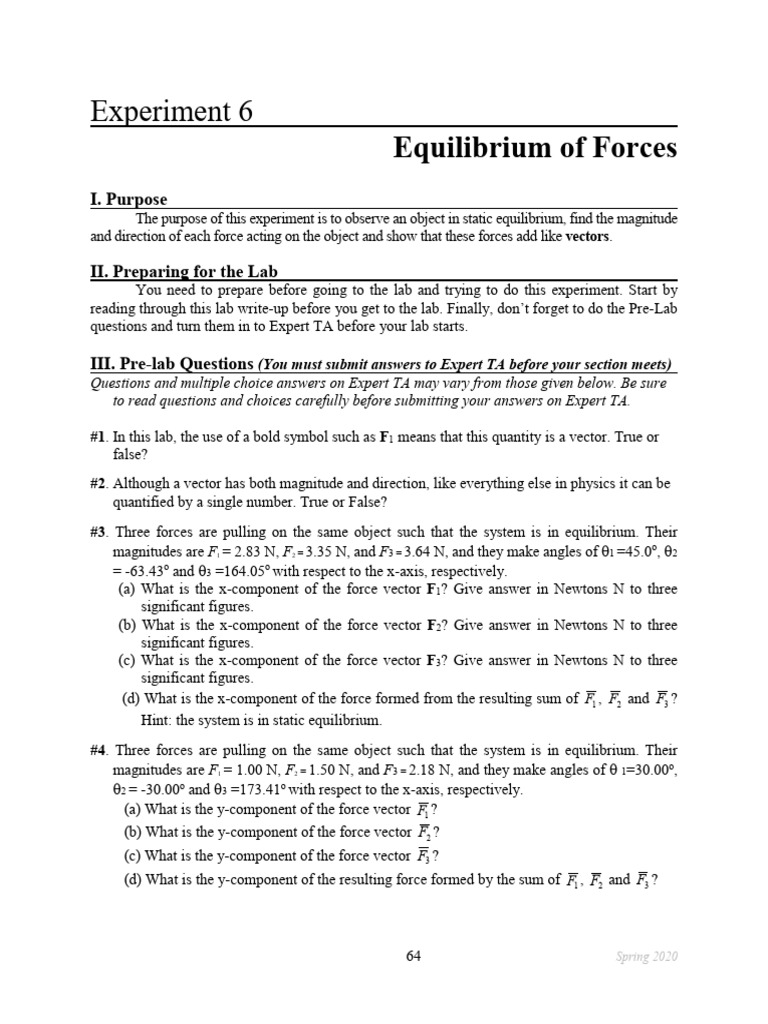 Equilibrium of Forces Experiment Guide | PDF | Force | Euclidean Vector