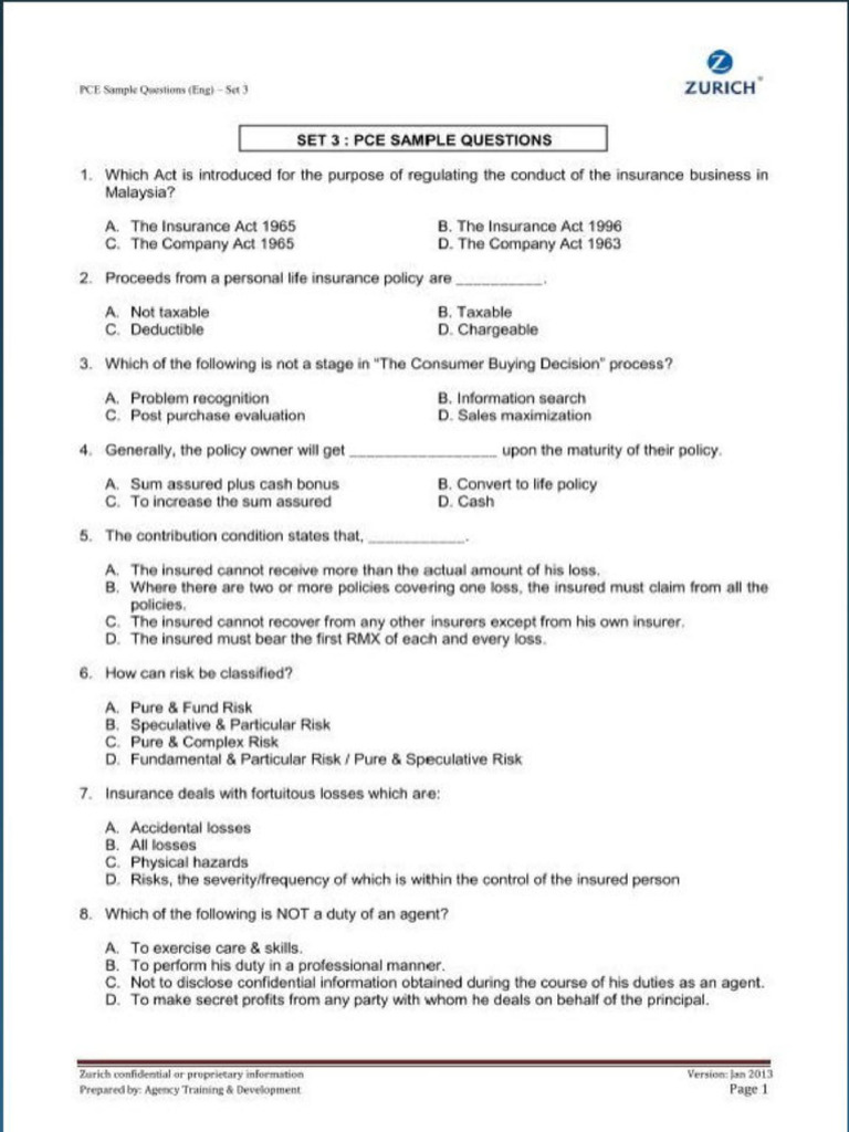 Zurich PCE Sample Questions Set 3 | PDF | Insurance | Life Annuity