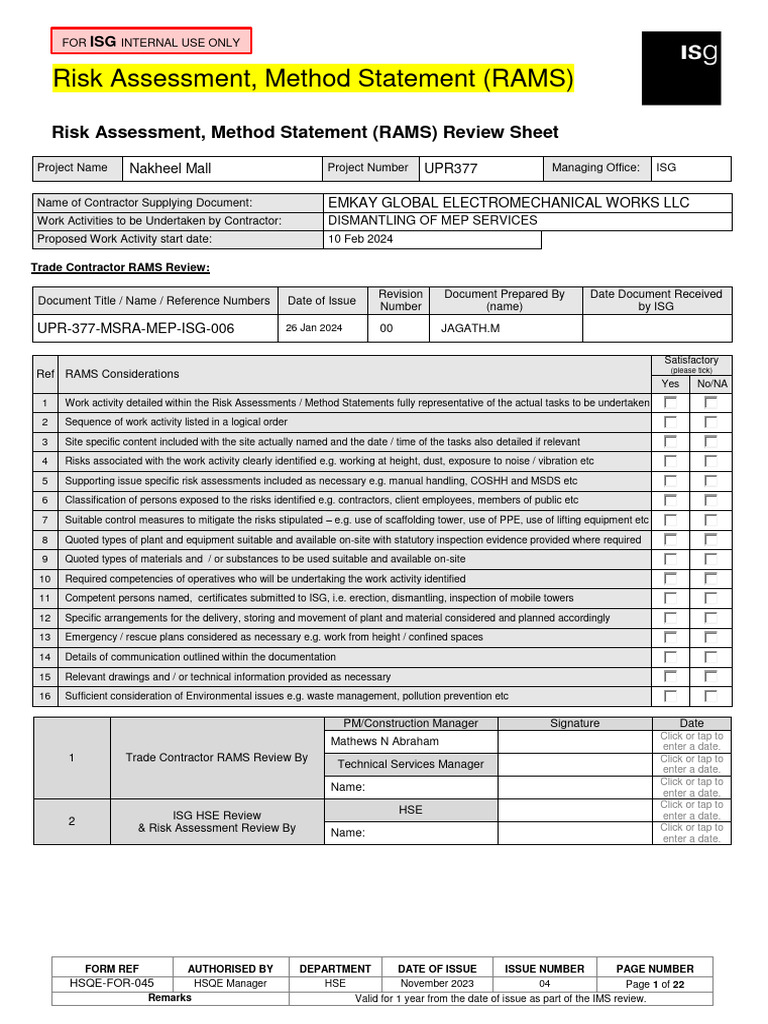RAMS for Dismantling MEP Services | PDF | Electrical Wiring | Pipe ...