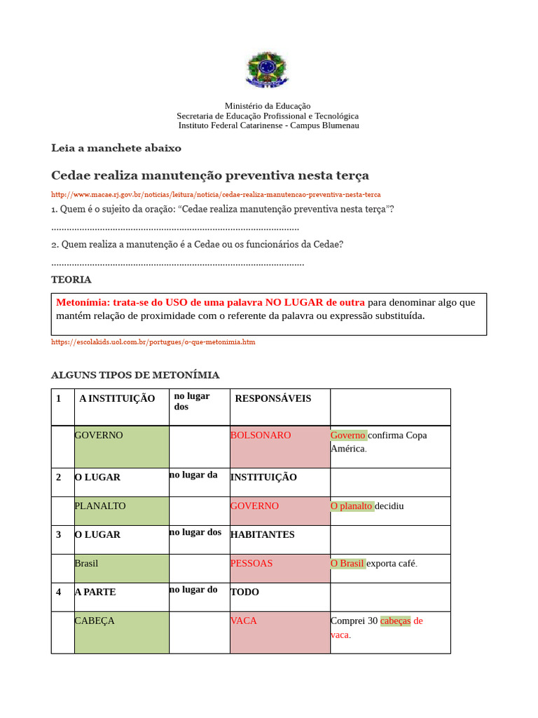 Tipos de Metonímia e Exemplos | PDF